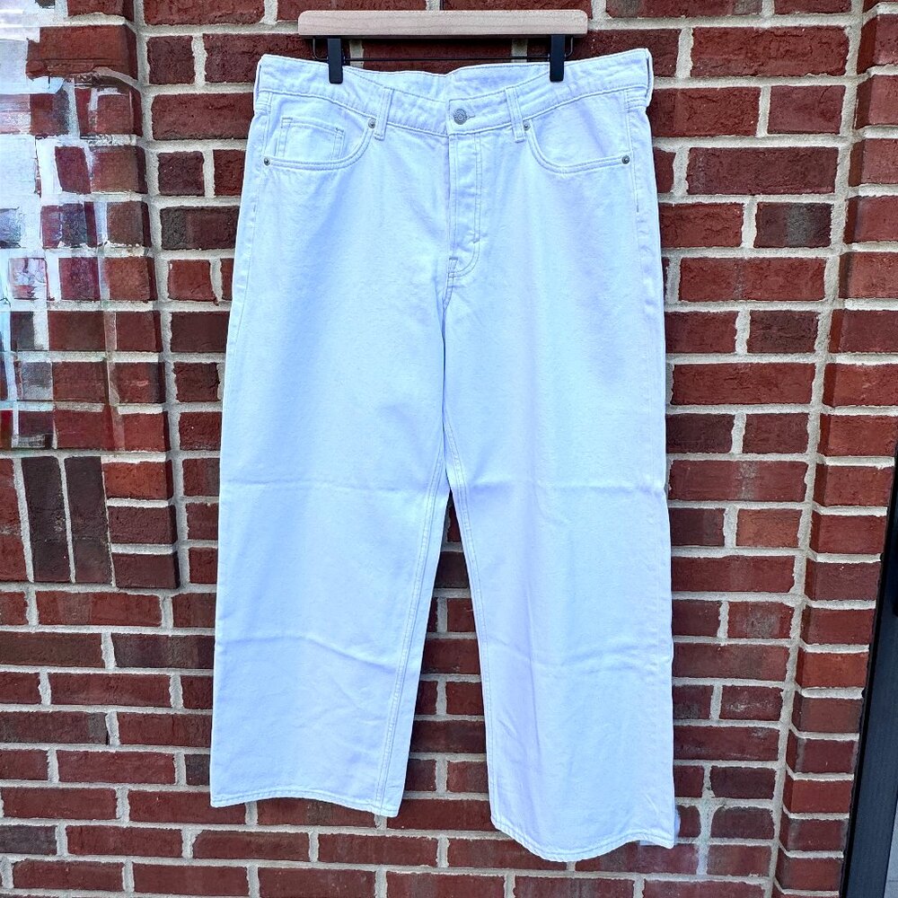 White Denim Jeans Baggy Wide Leg Loose Fit Low Waist Buttonfly H&M Womens Sz 14